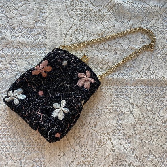 Vintage Black Beaded with Floral Pink and White Embroidery Purse w/ Chain Strap - Picture 2 of 7